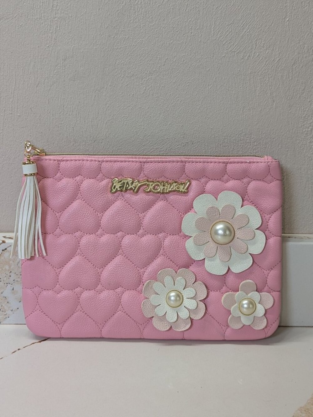 Betsey Johnson, pink quilted hearts huge clutch